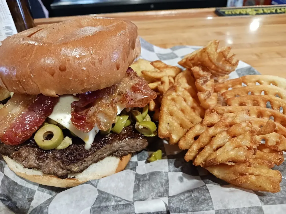 Olive Burger and Waffle Fries
